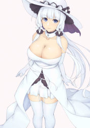 Rule 34 | 1girl, azur lane, bare shoulders, blue eyes, breasts, cleavage, dress, elbow gloves, gloves, hair ornament, hat, highres, illustrious (azur lane), kirou (kiruyuu1210), lace trim, large breasts, looking at viewer, mole, mole under eye, simple background, sleeveless, sleeveless dress, solo, strapless, strapless dress, sun hat, thighhighs, white dress, white gloves, white hair, white hat, white thighhighs