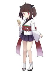 Rule 34 | 1girl, ahoge, blue skirt, brown hair, full body, headgear, highres, hino (yuruyurukoubou), holding, holding phone, long sleeves, looking at viewer, obi, phone, pleated skirt, red eyes, sandals, sash, short twintails, simple background, skirt, solo, standing, tabi, touhoku kiritan, twintails, voiceroid, white background, wide sleeves