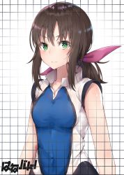 Rule 34 | 10s, 1girl, black cola, blush, breasts, brown hair, closed mouth, commentary request, copyright name, covered navel, green eyes, hair between eyes, hair ribbon, hanebado!, hanesaki ayano, heart, heart-shaped pupils, high collar, highres, long hair, medium breasts, purple ribbon, ribbon, sidelocks, solo, sportswear, sweat, symbol-shaped pupils, translation request
