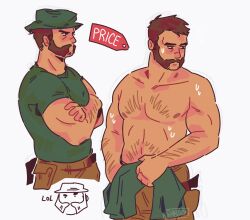 Rule 34 | 1boy, abcisok, arm hair, averting eyes, bara, beard, blush, call of duty, captain price, chest hair, crossed arms, dark-skinned male, dark skin, doodle inset, facial hair, feet out of frame, frown, goatee stubble, hairy, highres, large pectorals, looking ahead, male focus, mature male, multiple views, muscular, muscular male, mustache, mutton chops, navel hair, nipples, pants, pectorals, shirt, short hair, stubble, sweatdrop, t-shirt, thick eyebrows, topless male