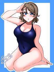 Rule 34 | 1girl, bare shoulders, blue eyes, blush, breasts, brown hair, cleavage, highres, kiku pond, legs, love live!, love live! sunshine!!, one-piece swimsuit, salute, short hair, simple background, solo, swimsuit, thighs, watanabe you