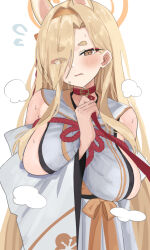 Rule 34 | 1girl, animal ears, blonde hair, blue archive, blush, breasts, brown eyes, collar, commentary request, detached sleeves, eyes visible through hair, hair over one eye, halo, highres, japanese clothes, kaho (blue archive), kimono, large breasts, leash, long hair, looking at viewer, mole, mole under mouth, red collar, revision, solo, sweat, thick eyebrows, tsumayouji (tumayog), white kimono, white sleeves, wide sleeves