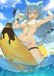 Rule 34 | 1girl, absurdres, animal ears, armpits, arms up, banana boat, bare shoulders, bell, bikini, blue eyes, blue hair, breasts, cat ears, cat girl, cat tail, cleavage, cloud, crying, crying with eyes open, day, dripping, covered erect nipples, fang, food, front-tie bikini top, front-tie top, groin, highres, holding, jingle bell, large breasts, long hair, navel, open mouth, original, outdoors, popsicle, revision, romana, skindentation, sky, solo, stomach, string bikini, swimsuit, tail, tears, thigh strap, thighs, water, white bikini, wristband