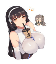 Rule 34 | 2girls, anger vein, arms at sides, bad id, bad pixiv id, black eyes, black hair, blunt bangs, blush, breast envy, breasts, bubble tea, bubble tea challenge, chibi, chibi inset, condensation, crossed bangs, cup, detached sleeves, disposable cup, drinking, drinking straw, eyelashes, flower, girls&#039; frontline, grey hair, grey jacket, hair between eyes, hair flower, hair ornament, hairband, highres, hood, hooded jacket, jacket, large breasts, long hair, looking at another, motion lines, multiple girls, musical note, no bra, object on breast, open mouth, shaah (saa), shirt, side ponytail, simple background, tareme, tearing up, trembling, triangle mouth, type 95 (girls&#039; frontline), ump45 (girls&#039; frontline), upper body, white background, white flower, white hairband, white shirt, white sleeves