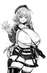 Rule 34 | 1girl, :d, ahoge, anis (nikke), beret, between breasts, breasts, cleavage, collar, crop top, fingerless gloves, geist43195783, gloves, goddess of victory: nikke, greyscale, hair ornament, hat, highres, huge breasts, jacket, looking at viewer, monochrome, open clothes, open jacket, open mouth, pouch, short hair, short shorts, shorts, simple background, smile, solo, strap between breasts, thigh pouch, thigh strap, thighhighs, waving, weapon, white background, zipper