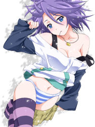 Rule 34 | 00s, 1girl, blue eyes, breasts, cleavage, clothes pull, collarbone, midriff, navel, panties, purple hair, rosario+vampire, shirayuki mizore, short hair, skirt, skirt pull, solo, stomach, striped clothes, striped panties, striped thighhighs, thighhighs, underwear, undressing