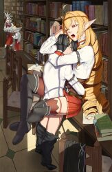 Rule 34 | 1boy, 3girls, aqwariate, black footwear, black hair, blonde hair, book, boots, cliff grimoire, clothes pull, covered eyes, elinalise dragonroad, exhibitionism, hetero, indoors, library, long hair, melissa (mushoku tensei), multiple girls, mushoku tensei, norn greyrat, one eye closed, open mouth, pants, pants pull, pointy ears, public indecency, red eyes, red skirt, red thighhighs, school uniform, sex, shirt, sitting, skirt, standing, thigh boots, thighhighs, white shirt