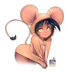 Rule 34 | 1boy, :3, ass, black hair, dark skin, eyebrows, highres, hood, hoodie, jerry (tom and jerry), leaning forward, looking at viewer, male focus, mouse (animal), panties, pokilewd, tail, thighs, tom and jerry, trap, underwear, whiskers, white background, wide hips, yellow eyes