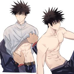Rule 34 | 2boys, abs, absurdres, belt, black hair, black pants, blush, closed mouth, collarbone, commentary, fushiguro megumi, green eyes, hair between eyes, highres, itadori yuuji, jacket, jacket partially removed, jujutsu kaisen, lifting another&#039;s clothes, long sleeves, male focus, multiple boys, navel, nipples, pants, pectorals, pink hair, shirt, short hair, simple background, solo focus, somwang 07, spiked hair, stomach, symbol-only commentary, toned, toned male, topless male, undercut, undressing, white background, white shirt, yaoi
