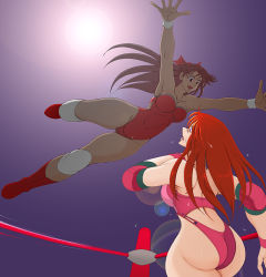 Rule 34 | 2girls, ass, bare shoulders, blue eyes, boots, breasts, brown hair, corey sniper, elbow pads, from behind, hito-si, knee pads, large breasts, leotard, long hair, multiple girls, mutou megumi, open mouth, red hair, shiny skin, sideboob, smile, wrestle angels, wrestling, wrestling outfit, wrestling ring, wristband