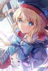 Rule 34 | 1girl, artoria caster (fate), artoria caster (second ascension) (fate), artoria pendragon (fate), belt, beret, black gloves, blonde hair, blue cape, blue hat, blush, breasts, buttons, cape, double-breasted, dress, fate/grand order, fate (series), gloves, green eyes, hat, holding, holding staff, hood, hooded cape, long hair, long sleeves, looking at viewer, multicolored cape, multicolored clothes, red cape, small breasts, solo, staff, twintails, vivi (eve no hakoniwa), white dress