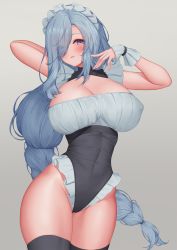 Rule 34 | 1girl, absurdres, arm behind head, arm up, black thighhighs, blue eyes, blue hair, blush, braid, breasts, cleavage, covered navel, cowboy shot, detached collar, eyes visible through hair, frilled leotard, frills, genshin impact, grey background, hair over one eye, hand up, highres, large breasts, leotard, light blue hair, long hair, low-braided long hair, low-tied long hair, maid headdress, navel, parted lips, pinkcap, shenhe (genshin impact), simple background, solo, stomach, thighhighs, very long hair, wrist cuffs