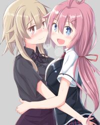 Rule 34 | 2girls, ahoge, blonde hair, blue eyes, blush, breast press, breath, closed mouth, collared shirt, commentary request, douki-chan (ikinokore! shachiku-chan), grey background, hair ornament, hair ribbon, hairpin, hand on another&#039;s ass, hands on another&#039;s waist, highres, hug, ikinokore! shachiku-chan, long hair, looking at viewer, multiple girls, open mouth, pink eyes, pink hair, ribbon, sakura ouka, shirt, short hair, short sleeves, sidelocks, simple background, sweat, symmetrical docking, yuukin