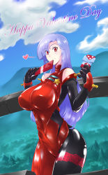 Rule 34 | 1girl, bare shoulders, blush, bodysuit, bow, breasts, crossover, english text, engrish text, g gundam, gundam, gundam zz, haganef, happy valentine, heart, highres, holding, huge breasts, long hair, looking at viewer, mobile trace suit, parody, purple hair, ranguage, red eyes, roux louka, skin tight, solo, valentine