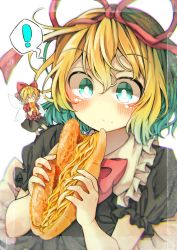 Rule 34 | !, &gt;:), 2girls, blonde hair, blue eyes, blush, bow, commentary request, doll, eating, food, frilled shirt, frilled shirt collar, frilled sleeves, frills, gradient hair, green hair, highres, medicine melancholy, multicolored hair, multiple girls, o o, puffy short sleeves, puffy sleeves, red bow, red neckwear, red ribbon, ribbon, sandwich, seika okawari, shirt, short hair, short sleeves, size difference, spoken exclamation mark, su-san, surprised, touhou, wavy hair