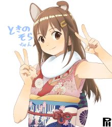 Rule 34 | 1girl, animal ears, brown eyes, brown hair, double v, female focus, hair ornament, hololive, japanese clothes, long hair, satsuyo, simple background, sleeveless, smile, solo, tokino sora, v, virtual youtuber, white background