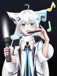 Rule 34 | 1girl, absurdres, ahoge, animal ear fluff, animal ears, beamed eighth notes, black background, blush, braid, commentary request, dog tags, earrings, eighth note, extra ears, flashlight, fox ears, fox girl, fox tail, green eyes, hair between eyes, hair ornament, hairclip, harmonica, heimu (heim kstr), highres, holding, holding flashlight, holding instrument, hololive, instrument, jacket, jewelry, long hair, long sleeves, looking at viewer, musical note, open clothes, open jacket, open mouth, quarter note, shirakami fubuki, shirakami fubuki (fubukitek), sidelocks, simple background, single braid, solo, tail, virtual youtuber, white hair, white jacket