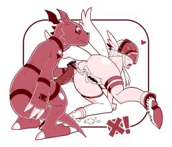 aftersex angel angel_girl angewomon digimon digimon_(creature) guilmon head_wings long_hair mask wings