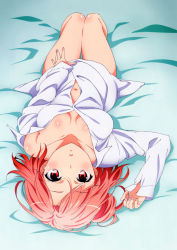 Rule 34 | 1girl, absurdres, bed sheet, bottomless, breasts, collarbone, dress shirt, foreshortening, full body, hair bun, highres, large breasts, legs together, long sleeves, looking at viewer, lying, navel, no bra, official art, on back, open clothes, open shirt, orange hair, parted bangs, parted lips, red eyes, scan, shirt, single hair bun, solo, thigh gap, thighs, topless, white shirt, yahari ore no seishun lovecome wa machigatteiru., yuigahama yui