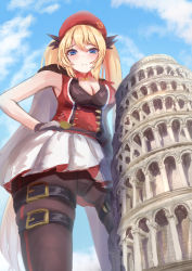 Rule 34 | 1girl, absurdres, alternate costume, beret, black gloves, black pantyhose, blonde hair, blue eyes, blue sky, blush, bm59 (girls&#039; frontline), breasts, cleavage, closed mouth, giant, giantess, girls&#039; frontline, gloves, hair ribbon, hand on own hip, hat, highres, long hair, looking at viewer, martinreaction, medium breasts, pantyhose, red hat, ribbon, skirt, sky, solo, standing, twintails, white skirt