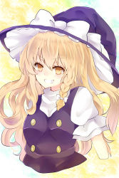 Rule 34 | &gt;:d, 1girl, :d, blonde hair, blush, bow, braid, fang, grin, hat, hat bow, highres, kirisame marisa, long hair, mimoto (aszxdfcv), no legs, open mouth, side braid, smile, solo, teeth, touhou, upper body, v-shaped eyebrows, witch hat, yellow eyes