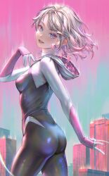 Rule 34 | 1girl, absurdres, ass, blonde hair, blue eyes, bodysuit, breasts, building, city, colored tips, floating hair, from side, gradient sky, grin, gwen stacy, hand up, highres, hood, hood down, hooded bodysuit, lips, looking at viewer, looking to the side, marvel, multicolored hair, pink hair, short hair, sky, small breasts, smile, solo, spider-gwen, spider-man: across the spider-verse, spider-man: into the spider-verse, spider-man (series), spider-verse, spider web print, streaked hair, tamaki (tamaki599)