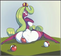 Rule 34 | 1girl, anal, anal object insertion, anus, arm up, ass, black border, blue background, border, breasts, creatures (company), female focus, from behind, full body, game freak, gen 7 pokemon, grass, green hair, highres, large breasts, long hair, looking up, nintendo, nipples, no humans, object insertion, outdoors, pink eyes, poke ball, pokemon, pokemon (creature), pokemon sm, purple thighhighs, robotjoe, rolling eyes, simple background, sitting, solo, spread legs, thighhighs, tsareena