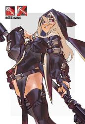 Rule 34 | 1girl, arknights, black dress, black headwear, black thighhighs, breasts, capelet, character name, coat, cowboy shot, dress, garter belt, gradient background, grey background, grey capelet, grey coat, grey hair, grin, habit, hair between eyes, hand up, highres, holding, holding weapon, jewelry, long hair, long sleeves, looking away, necklace, nun, off shoulder, open clothes, open coat, pelvic curtain, red eyes, ribbed sweater, sidelocks, sideways glance, small breasts, smile, solo, specter (arknights), sweater, thighhighs, thighs, turtleneck, turtleneck sweater, very long hair, weapon, white background, white sweater, xu sanchuan, zettai ryouiki