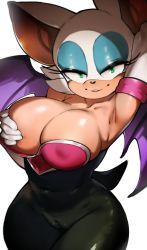 Rule 34 | 1girl, animal ears, arm up, armpits, bad id, bad twitter id, bare shoulders, bat ears, bat wings, breast slip, breasts, bustier, cameltoe, cleavage, cleft of venus, collarbone, covered erect nipples, covered navel, covering nipples, covering one nipple, covering privates, curvy, elbow gloves, eyelashes, eyeshadow, fat mons, furry, furry female, gloves, green eyes, highres, large breasts, looking at viewer, makeup, roropull, rouge the bat, short hair, sleeveless, smile, snout, solo, sonic (series), thick thighs, thighs, white background, white gloves, white hair, wings