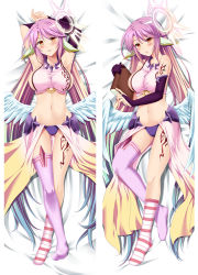 Rule 34 | 1girl, :p, angel wings, armpits, arms behind head, artist request, asymmetrical legwear, bed sheet, blush, book, breasts, bridal gauntlets, commentary request, spiked halo, crop top, dakimakura (medium), feathered wings, gloves, gradient hair, halo, jibril (no game no life), large breasts, long hair, low wings, lying, magic circle, midriff, mismatched legwear, multicolored eyes, multicolored hair, multiple views, naughty face, navel, no game no life, on back, orange eyes, parted lips, pink hair, sideboob, symbol-shaped pupils, tattoo, tongue, tongue out, very long hair, white wings, wing ears, wings, yellow eyes