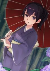 Rule 34 | 10s, 1girl, alternate costume, bad id, bad pixiv id, brown hair, flower, hydrangea, japanese clothes, kaga (kancolle), kantai collection, kimono, looking at viewer, nightmare-kck, oil-paper umbrella, purple eyes, side ponytail, solo, umbrella