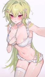 Rule 34 | 1girl, armpits, bare shoulders, bead bracelet, beads, blurry, bra, bracelet, breasts, choker, cowboy shot, depth of field, frilled bra, frilled panties, frills, fymrie, green hair, hair ornament, hairclip, hand on own chest, highres, jewelry, leaning forward, lingerie, long hair, looking at viewer, medium breasts, multi-strapped panties, navel, open mouth, original, outstretched arm, panties, red eyes, side-tie panties, simple background, single thighhigh, skindentation, solo, standing, stomach, string panties, thighhighs, thighs, underwear, underwear only, v-shaped eyebrows, very long hair, white background, white bra, white choker, white panties, white thighhighs, x hair ornament