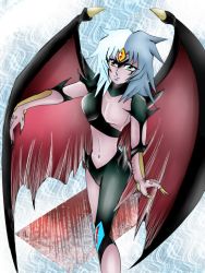 Rule 34 | 1girl, androgynous, asymmetrical clothes, blue hair, blue lips, breasts, claws, colored sclera, colored skin, crop top, demon girl, demon wings, duel monster, female focus, gradient background, green eyes, heterochromia, light smile, lipstick, looking at viewer, makeup, midriff, multicolored hair, narrow waist, navel, one boob, outstretched arm, pectorals, pink skin, red eyes, short hair, smile, solo, spiked hair, spikes, standing, third eye, turtleneck, two-tone hair, white background, white hair, wings, yellow sclera, yu-gi-oh!, yu-gi-oh! gx, yubel
