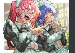 Rule 34 | 2girls, apron, bandaged fingers, bandages, bandaid, bandaid on cheek, bandaid on face, bandaid on hand, bandaid on nose, black dress, blue hair, blush, breasts, closed eyes, curtains, dress, ear piercing, frilled apron, frills, hair between eyes, highres, juliet sleeves, laughing, long hair, long sleeves, maid, maid headdress, medium breasts, multicolored hair, multiple girls, open mouth, original, piercing, pointy ears, puffy sleeves, red hair, reomenka, sharp teeth, short hair, tears, teeth, tongue, upper body, white apron, window