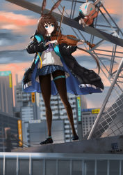 Rule 34 | 1girl, 3 a.m., absurdres, ahoge, amiya (arknights), animal ears, anklet, arknights, ascot, black footwear, black jacket, black pantyhose, blue ascot, blue eyes, blue skirt, bow (music), brown hair, building, cityscape, evening, full body, hair between eyes, highres, holding, holding bow (music), holding instrument, holding violin, instrument, jacket, jewelry, long hair, long sleeves, material growth, multiple rings, music, open clothes, open jacket, oripathy lesion (arknights), outdoors, pantyhose, plaid, plaid skirt, playing instrument, pleated skirt, rabbit ears, rabbit girl, ring, shirt, shoes, skirt, sky, skyscraper, smile, solo, standing, violin, white shirt