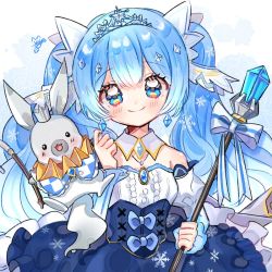 Rule 34 | 1girl, animal, blue bow, blue eyes, blue flower, blush, bow, clothed animal, detached collar, detached sleeves, dress, earrings, flower, frilled dress, frills, hatsune miku, jewelry, juliet sleeves, long sleeves, looking at viewer, puffy sleeves, rabbit, scepter, smile, snow, snowflakes, solo, strapless, strapless dress, striped, striped bow, tiara, twintails, upper body, vocaloid, yalmyu, yuki miku, yukine (vocaloid)
