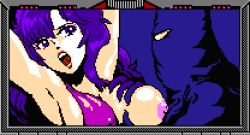 Rule 34 | 1boy, 1girl, blue background, blue eyes, blue hair, breasts, grabbing, grabbing another&#039;s breast, large breasts, long hair, monster, namco, nipples, one breast out, open mouth, pixel art, red lips, rolling thunder (game), saiwai hiroshi, scared, teeth