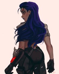 Rule 34 | 1girl, anisa sherzai, artist name, ass, back, cowboy shot, gloves, highres, lipstick, looking back, makeup, overwatch, overwatch 1, purple hair, purple lips, simple background, solo, talon widowmaker, white background, widowmaker (overwatch), yellow eyes