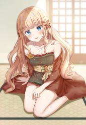 Rule 34 | 1girl, bare shoulders, black bow, black dress, blonde hair, blue eyes, blunt bangs, blush, bow, breasts, collarbone, dress, frilled dress, frills, hair bow, hair ornament, highres, jewelry, large breasts, long hair, long sleeves, looking at viewer, necklace, open mouth, pointy ears, princess connect!, saren (christmas) (princess connect!), saren (princess connect!), seiza, shiny skin, short dress, sitting, smile, solo, tatami, ugi (ugi rns)