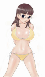 Rule 34 | bikini, black eyes, breasts, brown hair, glasses, huge breasts, long hair, simple background, solo, swimsuit, yellow bikini