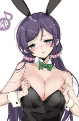 Rule 34 | 1girl, animal ears, aqua eyes, black leotard, bow, bowtie, breasts, chigasaki yukari, chinese zodiac, cleavage, commentary request, detached collar, green bow, green bowtie, hair ornament, hair scrunchie, highres, large breasts, leotard, long hair, looking at viewer, love live!, love live! school idol project, low twintails, parted bangs, playboy bunny, purple hair, rabbit ears, rabbit tail, scrunchie, simple background, solo, swept bangs, tail, tojo nozomi, twintails, upper body, white background, wrist cuffs, year of the rabbit