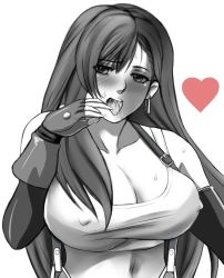 Rule 34 | 1girl, black hair, blush, breasts, earrings, feiryu, final fantasy, final fantasy vii, gloves, heart, highres, huge breasts, jewelry, long hair, looking at viewer, midriff, monochrome, naughty face, navel, open mouth, saliva, shirt, simple background, sleeveless, solo, stomach, suspenders, sweat, tank top, tifa lockhart, tongue