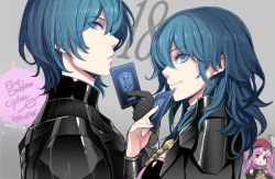 Rule 34 | 1boy, 2girls, armor, black armor, black gloves, blue eyes, blue hair, byleth (female) (fire emblem), byleth (fire emblem), byleth (male) (fire emblem), card, copyright name, fire emblem, fire emblem: three houses, fire emblem cipher, from side, gloves, grey background, hair between eyes, hat feather, holding, holding card, long hair, looking at viewer, multiple girls, nintendo, official art, parted lips, pink hair, red headwear, short hair, simple background, smile, tagme, toyo sao