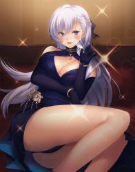 Rule 34 | 1girl, 3ri10te, alternate costume, azur lane, bad id, bad pixiv id, bare legs, bed, belfast (azur lane), belfast (the noble attendant) (azur lane), black panties, blue dress, blue eyes, blue gloves, blush, bracelet, breasts, center opening, chain, cleavage, cup, dress, drinking glass, elbow gloves, flower, gloves, hair between eyes, hair ribbon, indoors, jewelry, large breasts, legs together, lips, long hair, looking at viewer, open mouth, panties, pillow, ribbon, silver hair, solo, sparkle, spill, thighs, underwear, wine glass