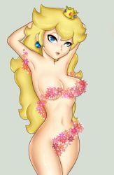 Rule 34 | 1girl, armpits, blonde hair, blue eyes, breasts, censored, cleavage, convenient censoring, crown, earrings, flower, highres, jewelry, mario (series), navel, nintendo, nude, princess peach, solo