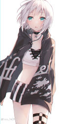 Rule 34 | 1girl, aoba moca, bang dream!, black choker, black jacket, black shorts, blush, choker, clip studio paint (medium), collarbone, commentary request, crop top, drawstring, green eyes, highres, hood, hood down, hooded jacket, jacket, jewelry, long sleeves, looking away, looking to the side, open clothes, open jacket, parted lips, pendant, puffy long sleeves, puffy sleeves, ringouulu, shirt, short hair, shorts, simple background, solo, twitter username, white background, white hair, white shirt