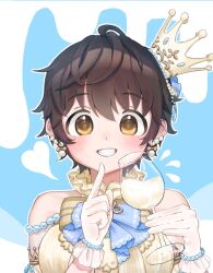 Rule 34 | 1girl, blush, breasts, brown hair, crown, cup, dress, drinking glass, earrings, gloves, grin, heart, holding, holding cup, idolmaster, idolmaster cinderella girls, idolmaster cinderella girls starlight stage, jewelry, large breasts, looking at viewer, milk, mini crown, neck ribbon, oikawa shizuku, ribbon, short hair, sleeveless, sleeveless dress, smile, solo, tilted headwear, topiuwo, upper body, white gloves, wine glass, yellow dress