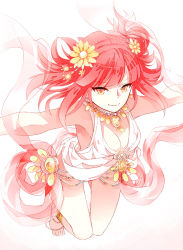 Rule 34 | 1girl, alternate eye color, anklet, barefoot, breasts, cleavage, earrings, flower, hair flower, hair ornament, jewelry, long hair, lots of jewelry, magi the labyrinth of magic, morgiana, necklace, pink hair, rukun00, solo, yellow eyes