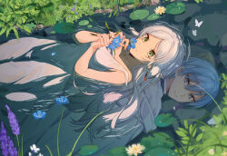 Rule 34 | 1boy, 1girl, absurdres, afloat, blue eyes, blue hair, bug, butterfly, closed mouth, different reflection, dress, earrings, flower, frieren, green eyes, highres, himmel (sousou no frieren), insect, jewelry, lily pad, long hair, lying, on back, open mouth, partially submerged, petals, pointy ears, reflection, see-through, see-through dress, smelling flower, smile, solo, sousou no frieren, toga, water lily flower, white hair, xuya2333