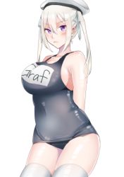 Rule 34 | 10s, 1girl, blonde hair, blue one-piece swimsuit, cowboy shot, graf zeppelin (kancolle), hair between eyes, hat, highres, kantai collection, looking at viewer, name tag, one-piece swimsuit, peaked cap, purple eyes, school swimsuit, shime, sidelocks, solo, standing, swimsuit, thighhighs, twintails, white hat, white thighhighs